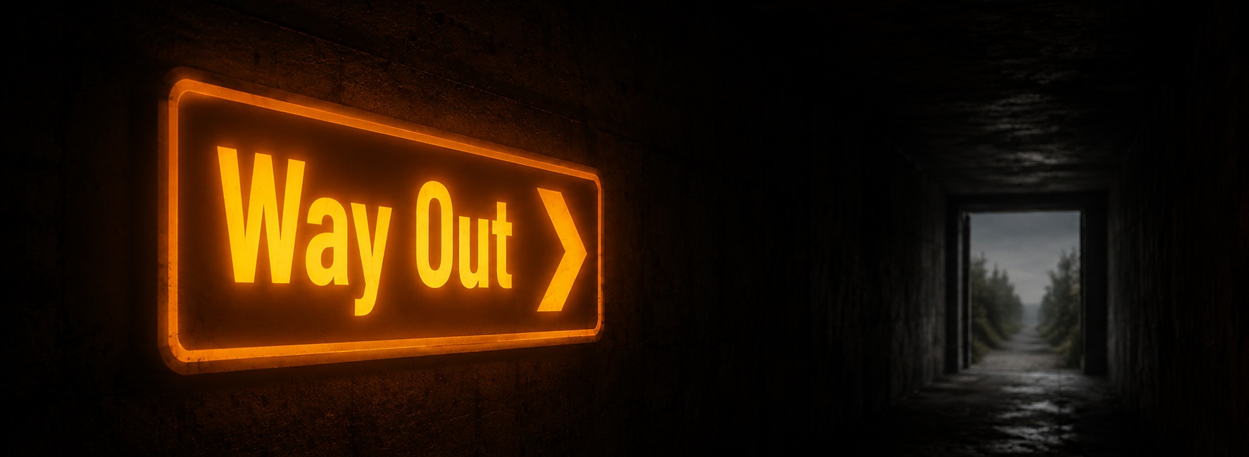 Glowing Way Out Sign in Dark Tunnel