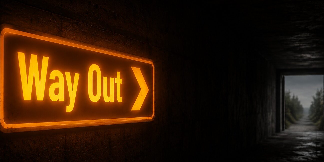 Glowing Way Out Sign in Dark Tunnel